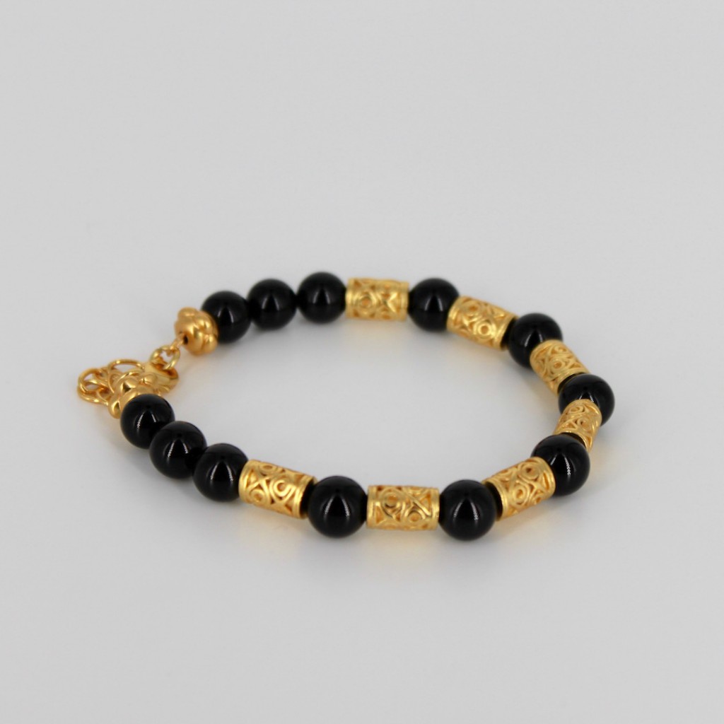 Bracelet ethnique artisanal de Colombie avec pierres semi-précieuses onyx noir et plaqué or